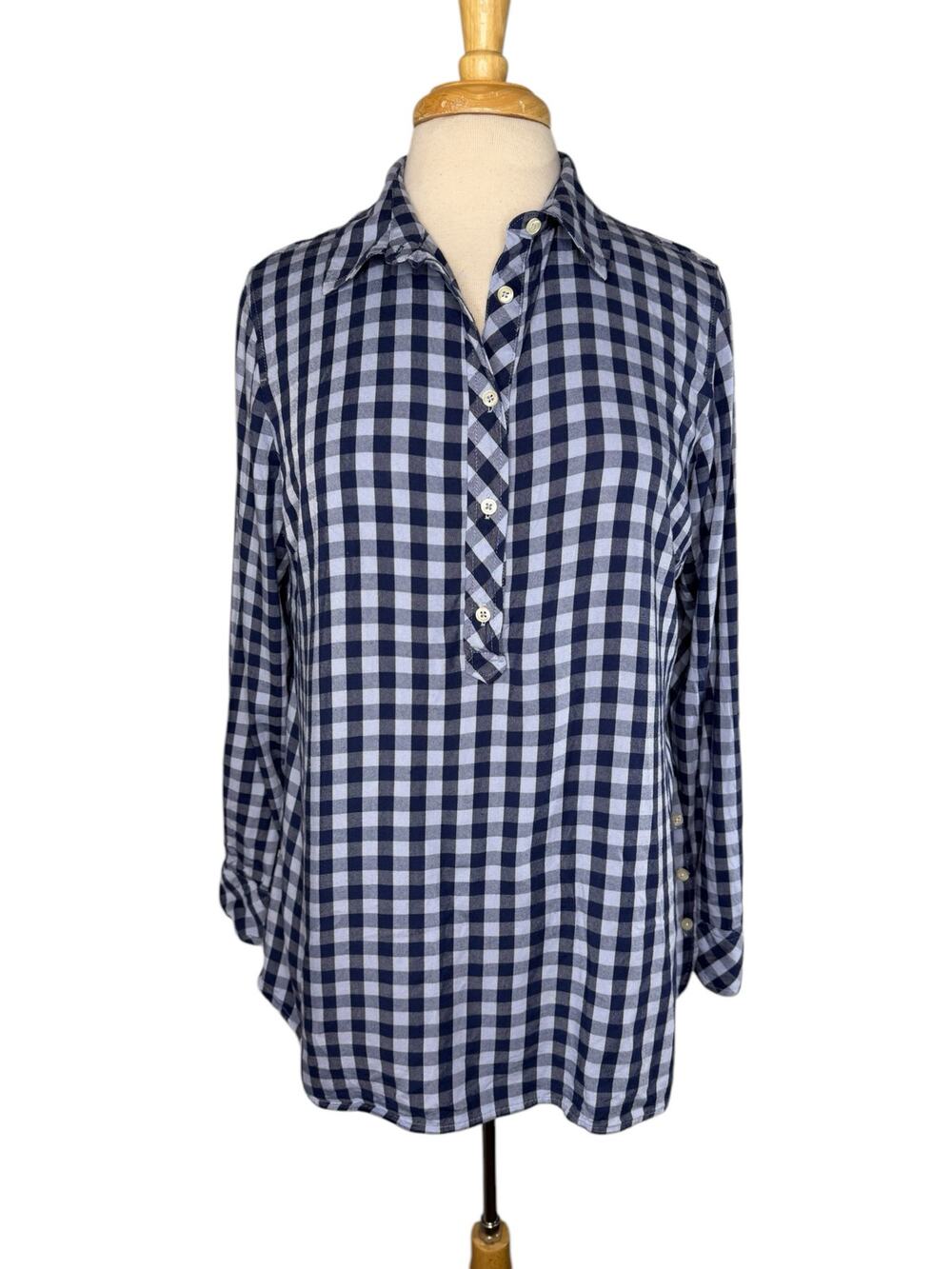 TALBOTS Blue Plaid Rayon Popover Roll Tab Sleeve Blouse Size Large Womens Button